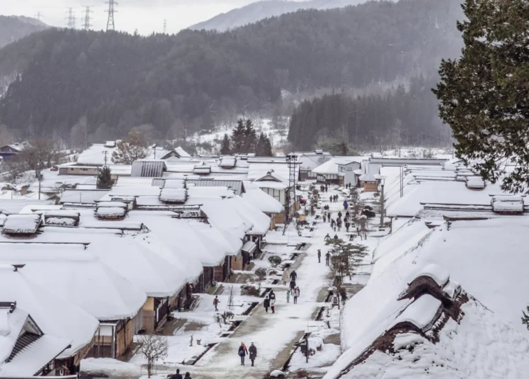 Traditional Japanese post town Ouchi-juku covered in snow