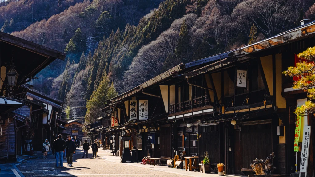 The main street of Narai-juku is closed to visitor traffic to preserve its Edo-period atmosphere.