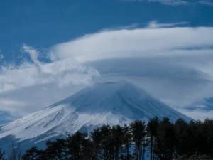 A snow-covered Mt. Fuji with a dramatic lenticular cloud forming over the summit, seen above a forest of evergreen trees during the best time to see Mt Fuji in winter.