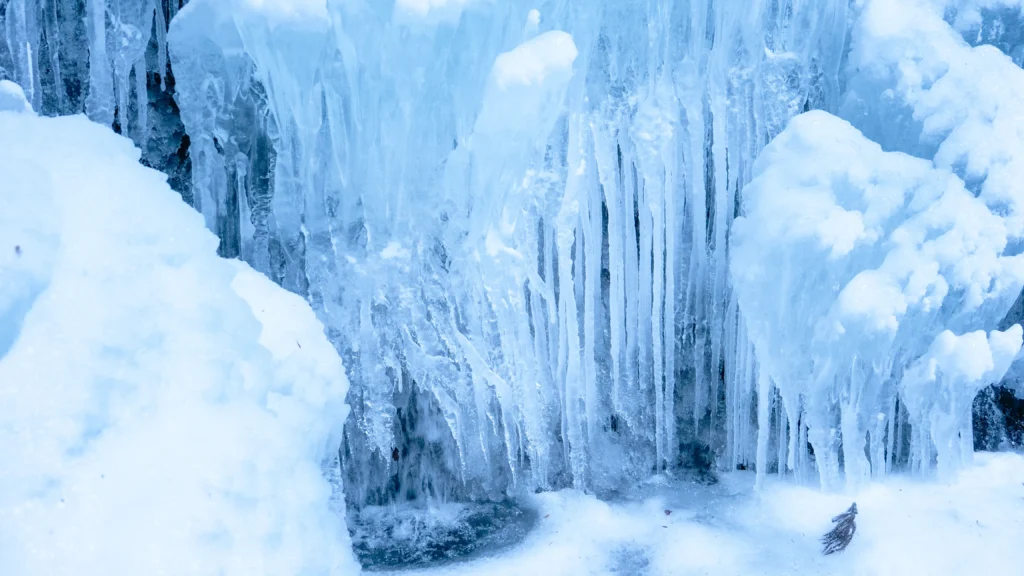 A close-up of the translucent, blue-white icicles of the frozen Haha no Shirataki waterfall.