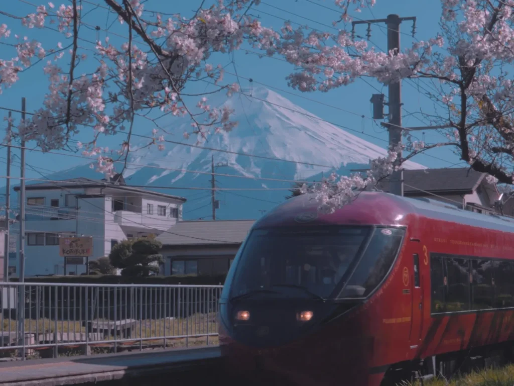 A red Fujikyu Railway express train passes under cherry blossoms in full bloom with a snow-capped Mt. Fuji towering in the background on a clear spring day.