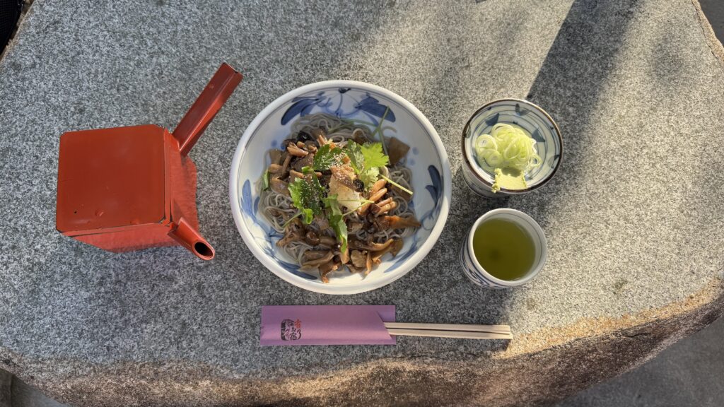 Kinoko soba (mushroom soba) at Suzume no Oyado, served in a blue-patterned bowl topped with maitake, shimeji, and eringi mushrooms, garnished with mitsuba and grated daikon, accompanied by a red lacquer tsuyu pot and condiments.

