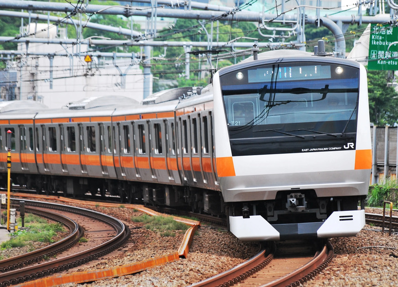 The JR East E233 series train, which operates on the Chuo Line, a key part of the train journey from Tokyo to Kawaguchiko.