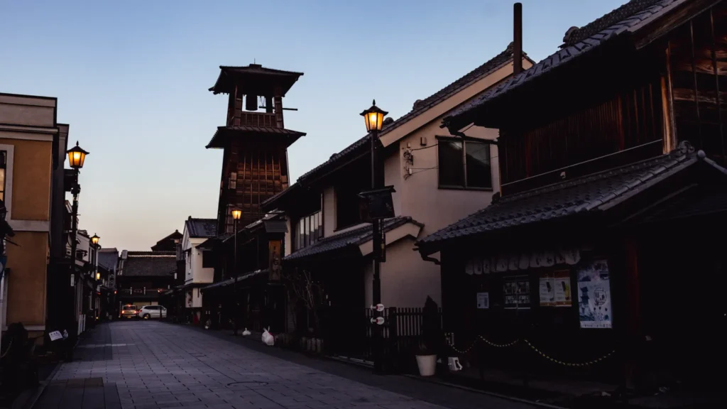 The iconic Toki no Kane (Bell of Time) tower stands on the same street, its chimes echoing through the historic townscape.