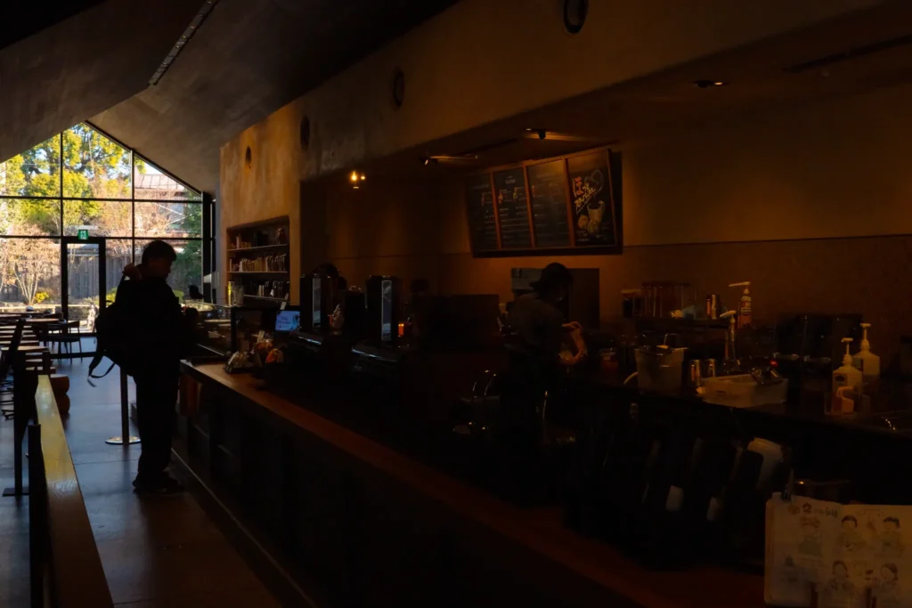 The counter area, where the warm lighting and wooden textures create a welcoming atmosphere.