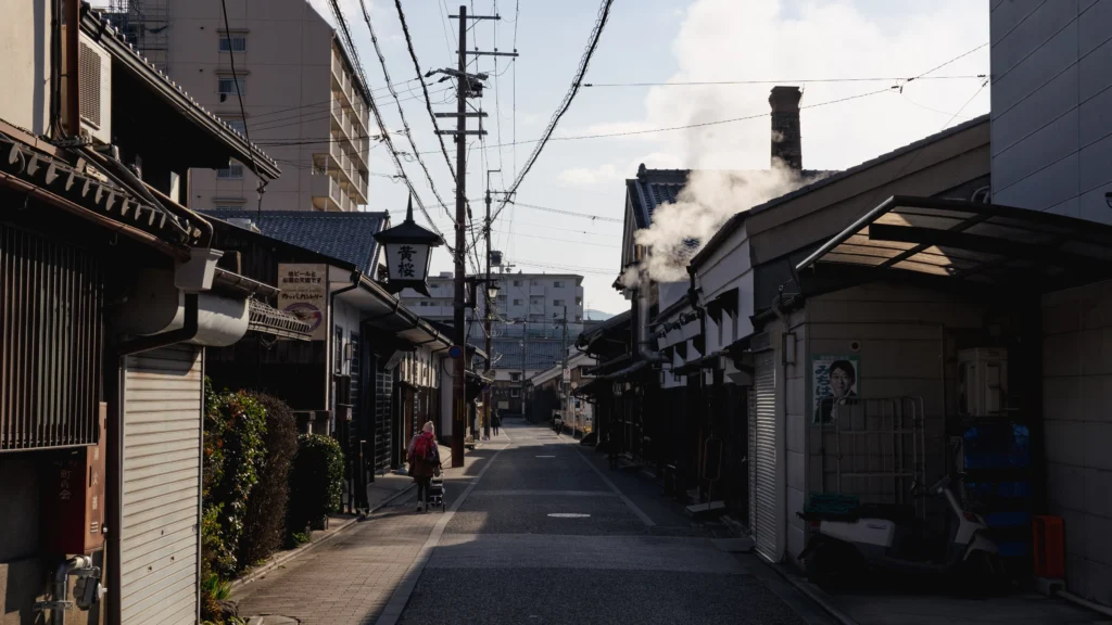 Steam rising from Kizakura's brewery chimney on a winter morning