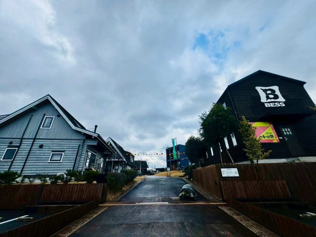 A row of unique log houses and wooden homes at LOGWAY BESS Kumamoto, each with a distinct architectural style.
