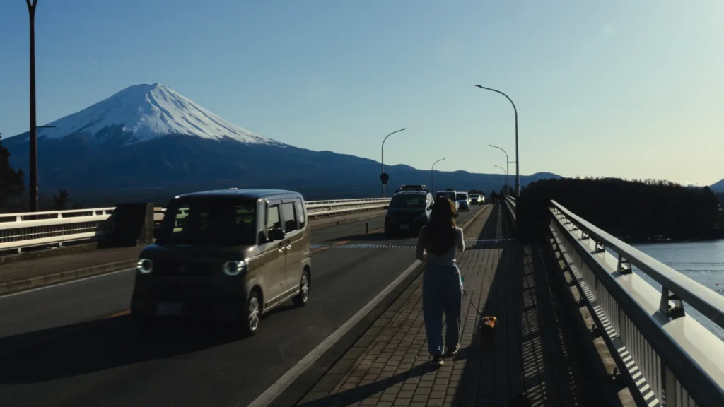 A woman walks her small dog along the pedestrian path of Kawaguchiko Ohashi Bridge, with the majestic Mt. Fuji in the background.