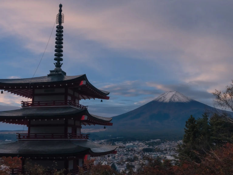 Chureito Pagoda with Mount Fuji in the background at Arakurayama Sengen Park, Fujiyoshida, a key destination for any access guide.