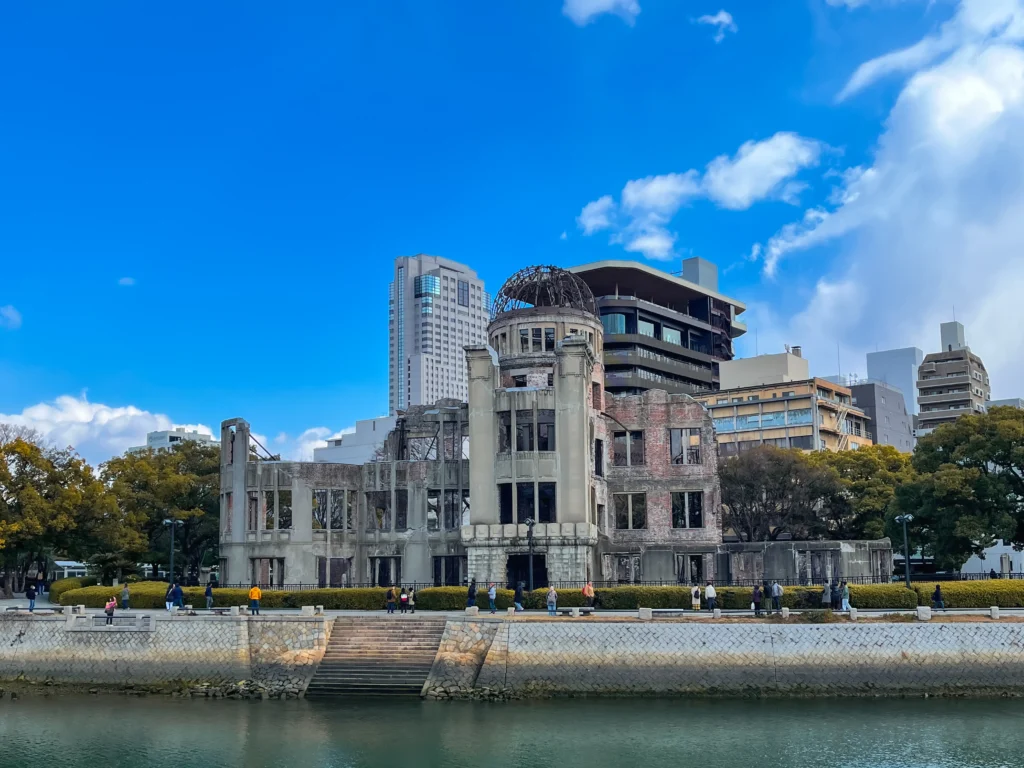 A view across the Motoyasu River toward the Peace Memorial Park buildings

