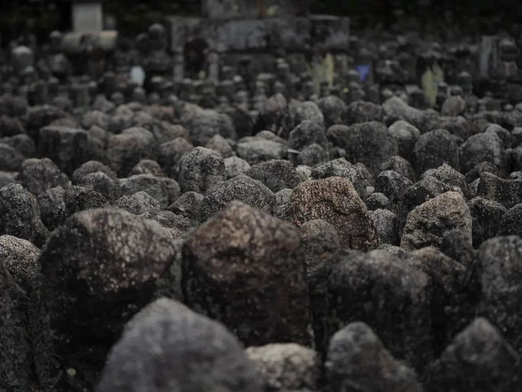 Dense close-up of countless weathered stone statues packed together at Adashino Nenbutsuji