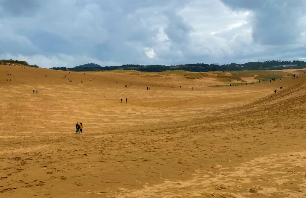 Panoramic view from the dune ridge looking back toward the inland side with visitors crossing the sandy plain