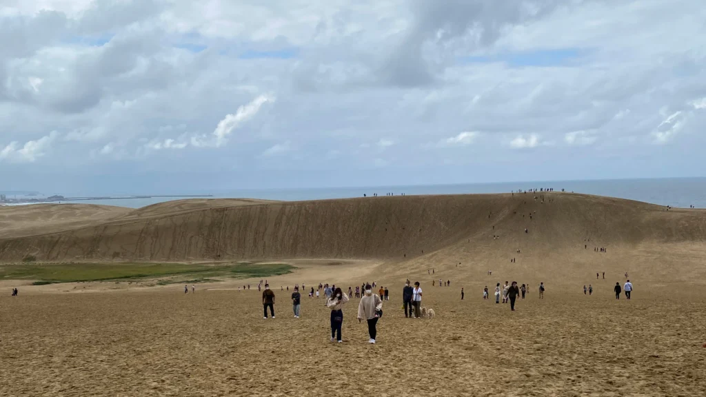 Visitors walking across the vast Tottori Sand Dunes with the Sea of Japan stretching to the horizon, a quieter Golden Week alternative on Japan's San'in Coast.