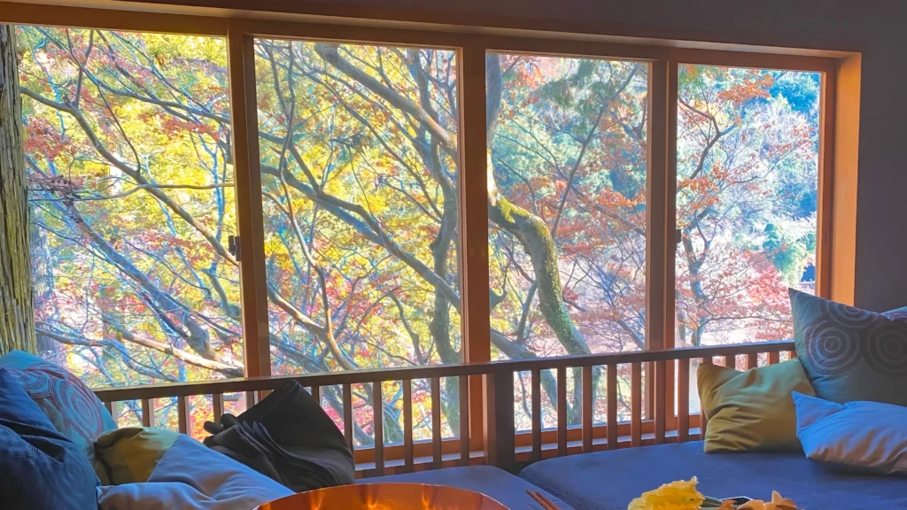 A luxurious ryokan room with a blue daybed and four large windows offering a panoramic view of autumn foliage and the river.