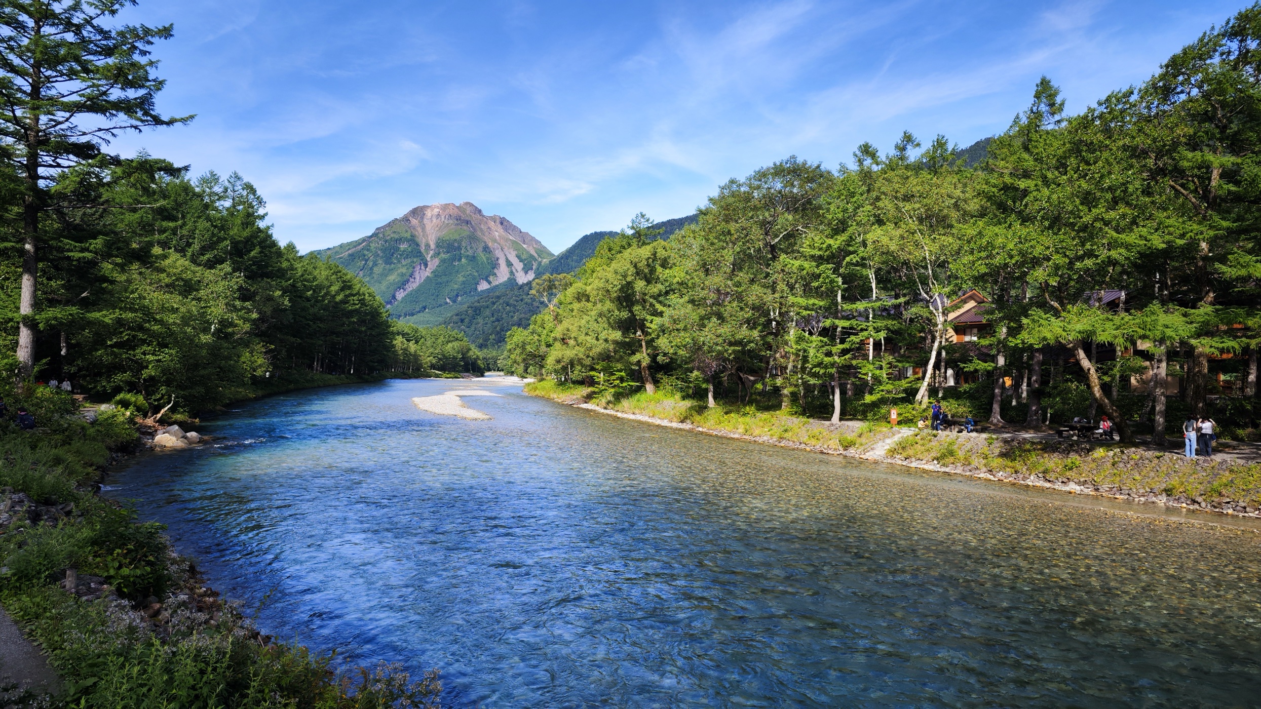 Panoramic view of the Azusa River with Yake-dake volcano in the background at Kamikochi