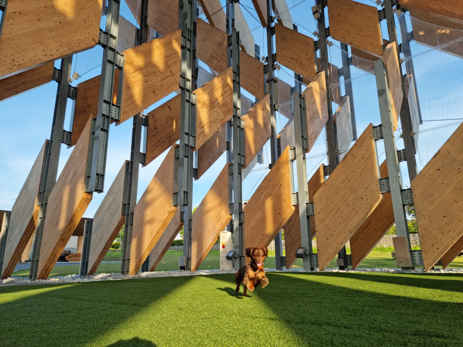 Interior of the CLT pavilion at GREENable HIRUZEN with angled wooden panels