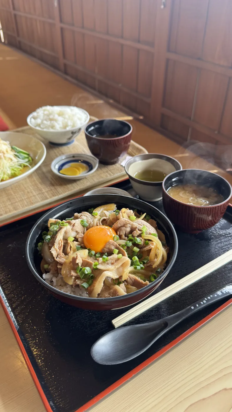 Close-up of negi-tama-butadon pork bowl with raw egg yolk at Hanaan