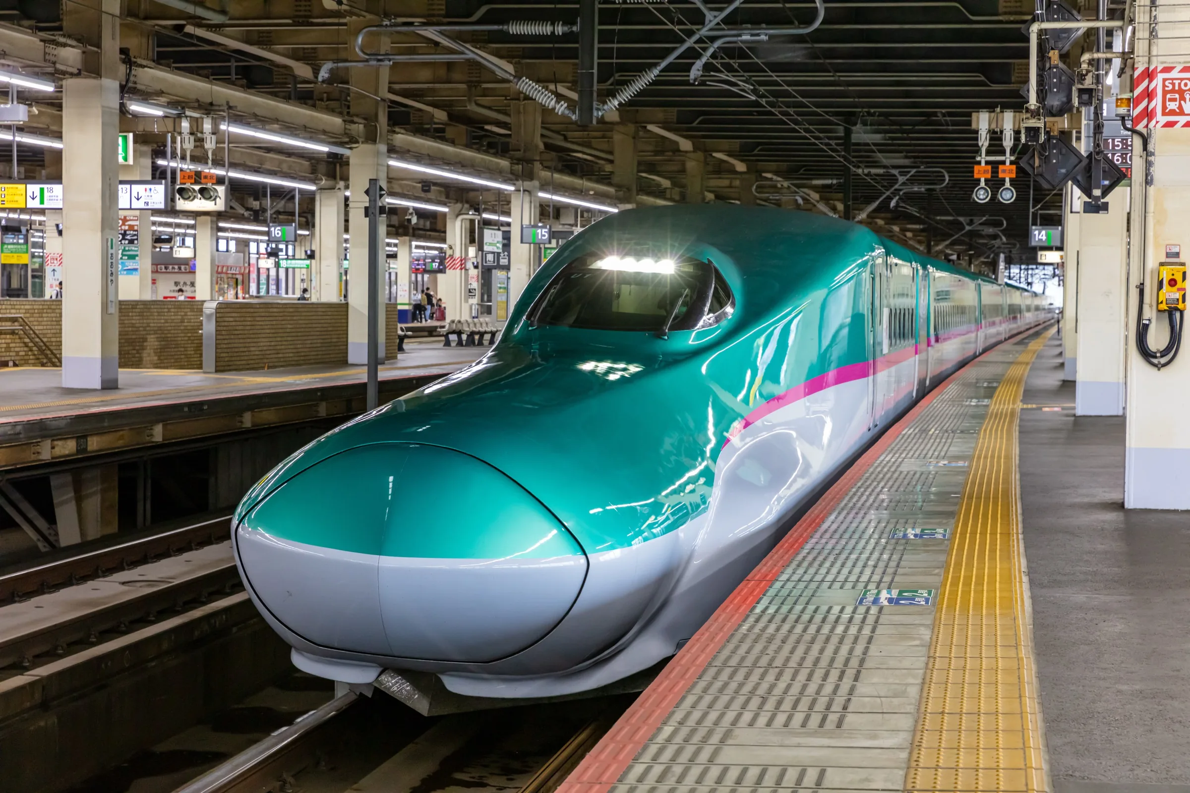 Green and pink E5 series Hayabusa shinkansen waiting at Tokyo Station platform