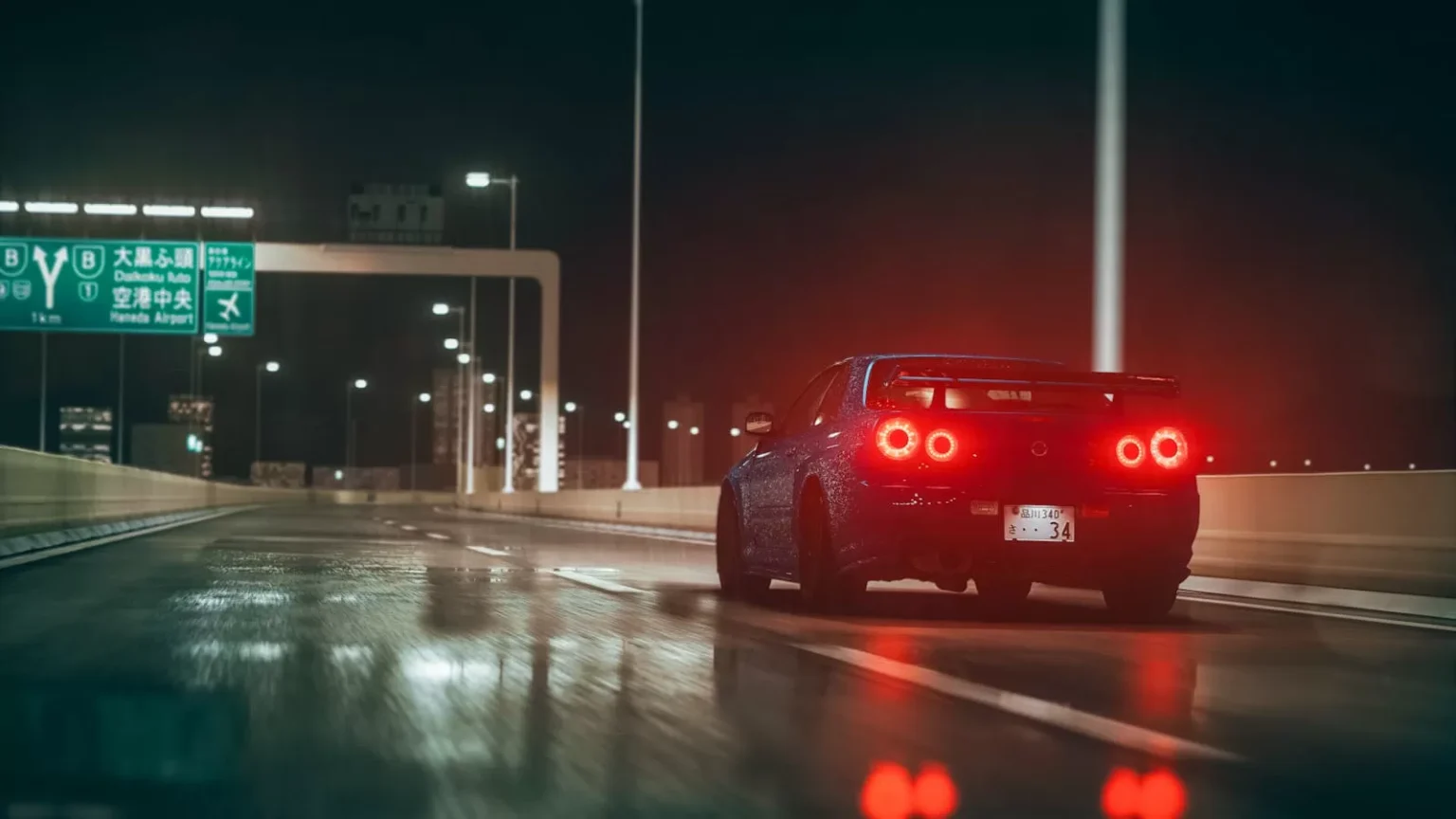 Driving a rental car on a Japanese road, the view over the dashboard