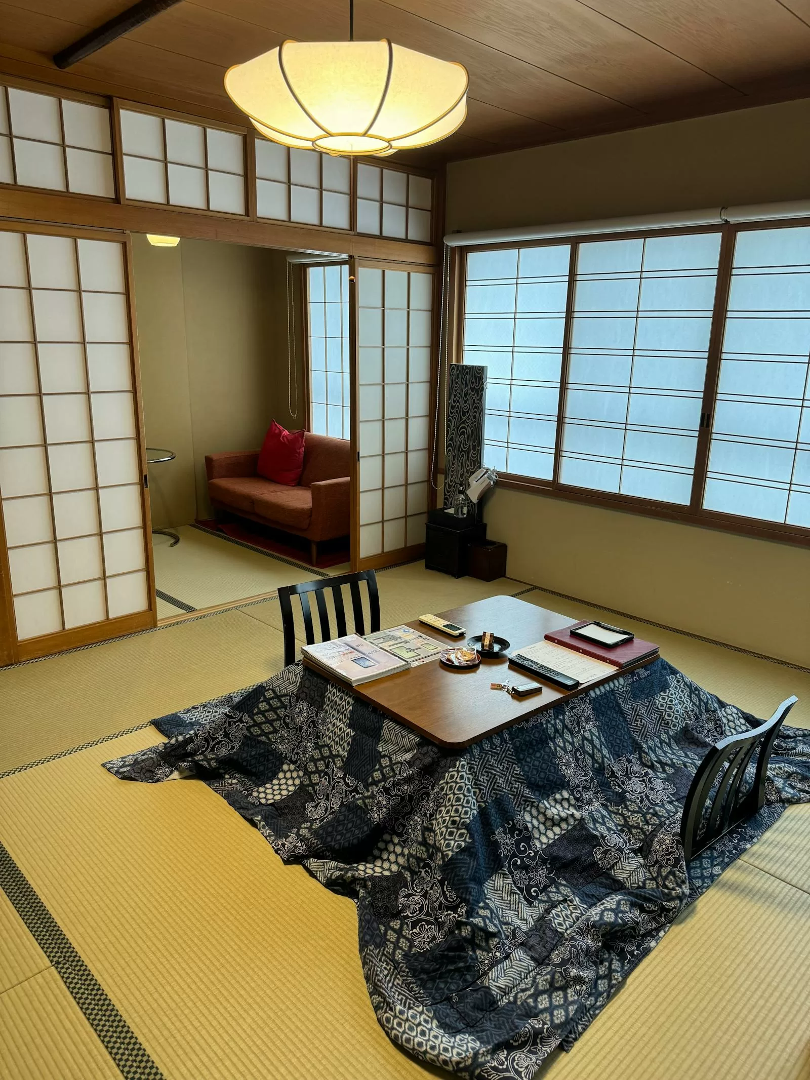 Traditional Japanese tatami room with low kotatsu table