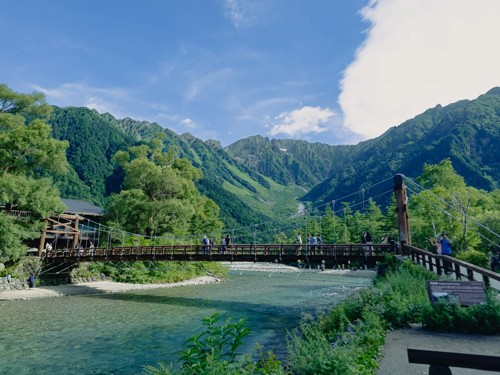 Kappa Bridge at Kamikochi photographed in clear summer weather with the Hotaka mountain range behind