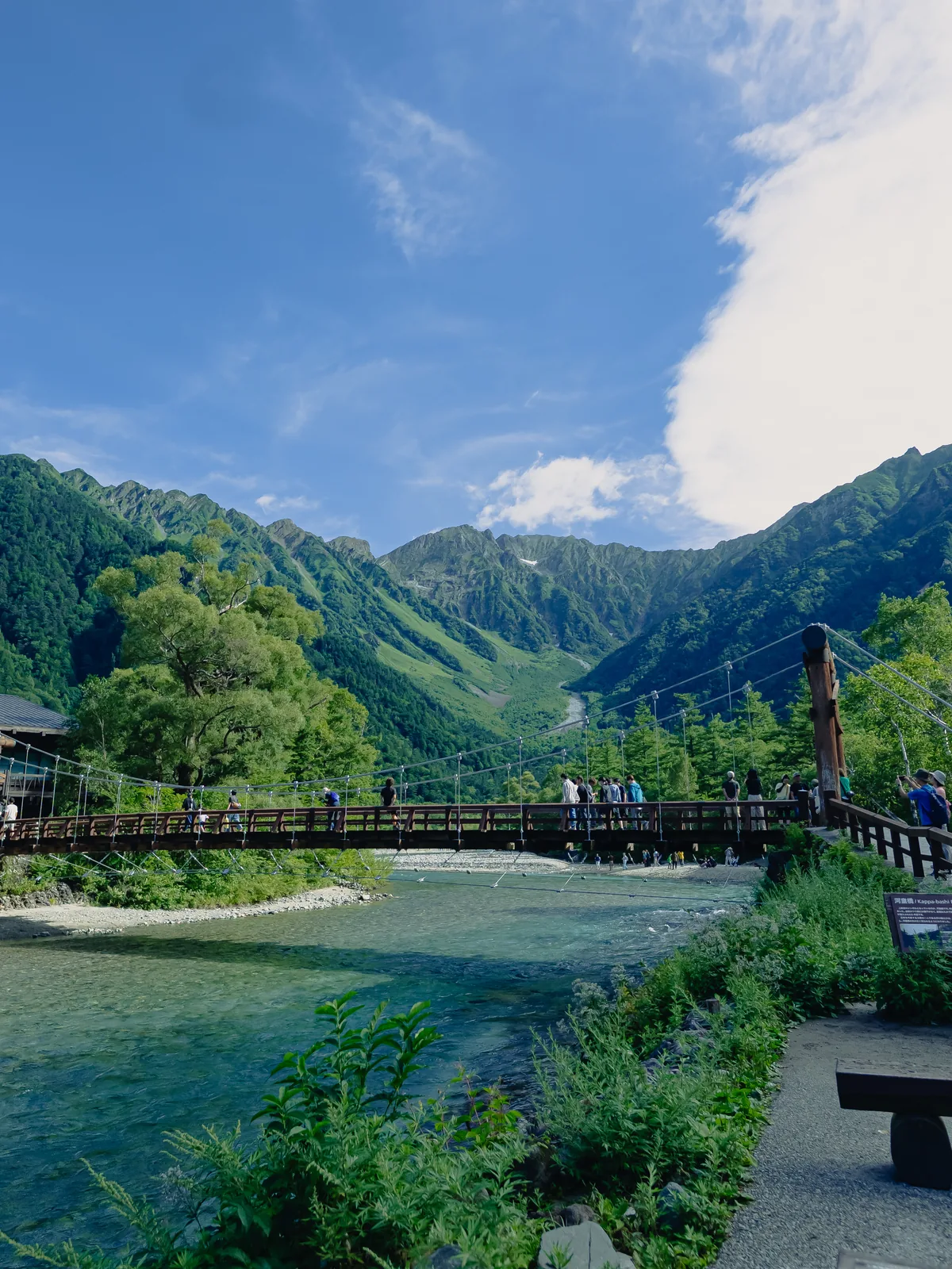 Kappa Bridge at Kamikochi during peak daytime hours, full of tourists