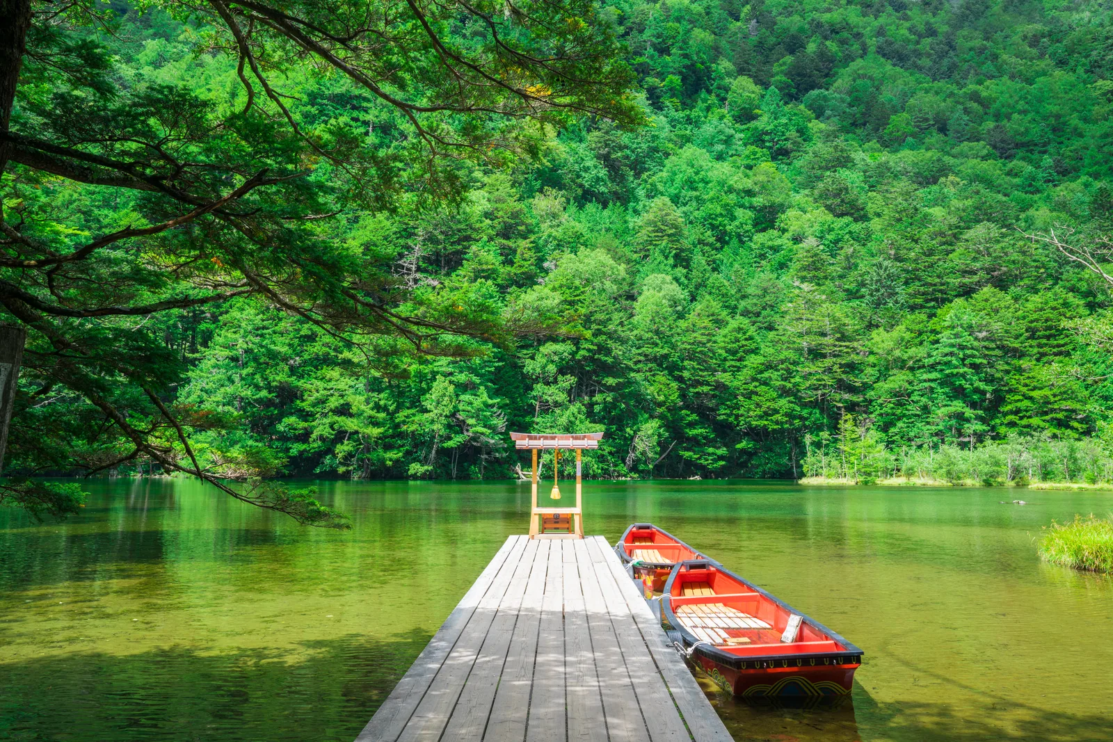 A wooden pier and red rowboats on Myojin Pond at Kamikochi in summer, with deep green forested mountains reflected in the still water