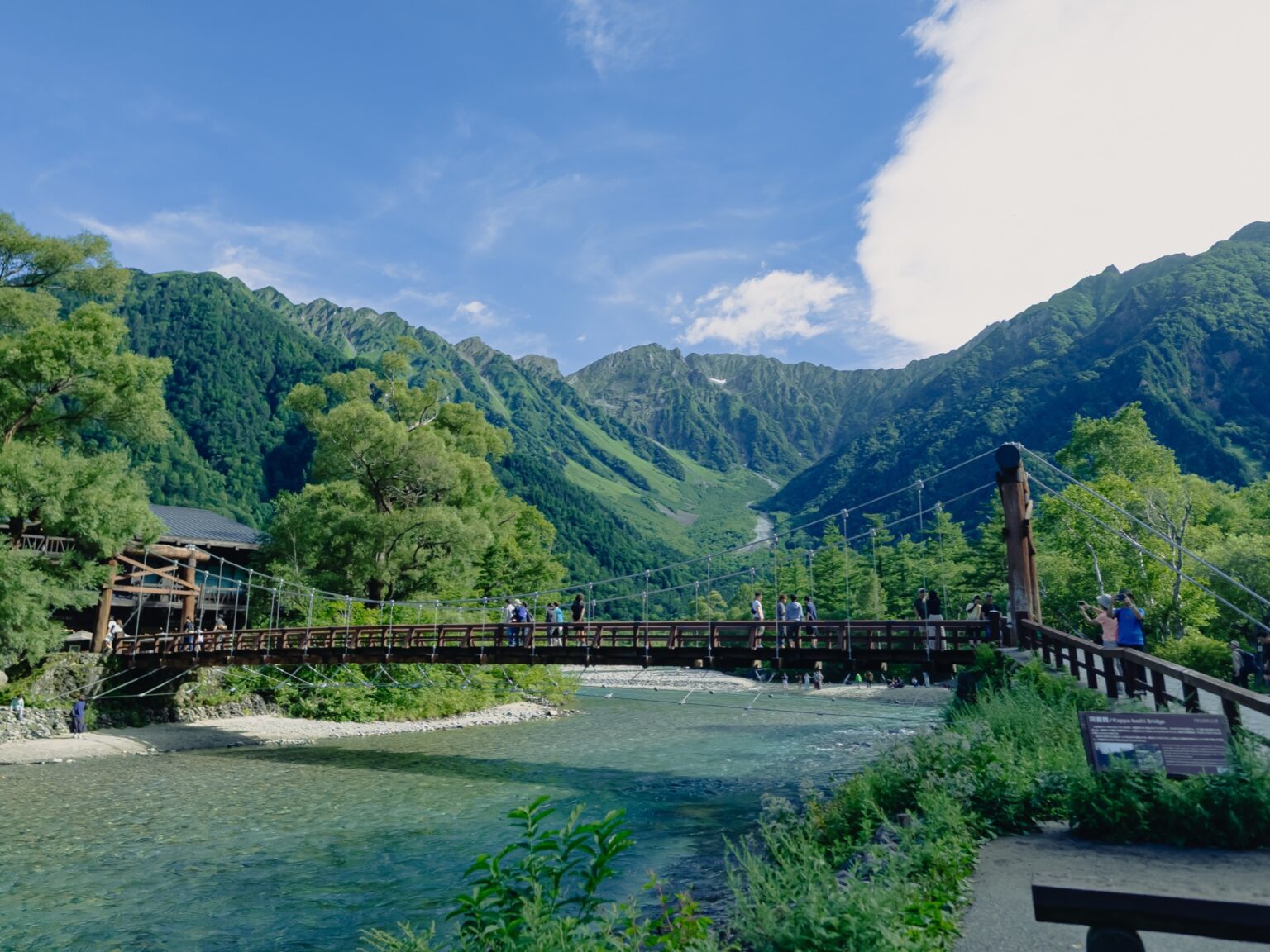 Kappa Bridge spanning the Azusa River with Hotaka mountain peaks in the background