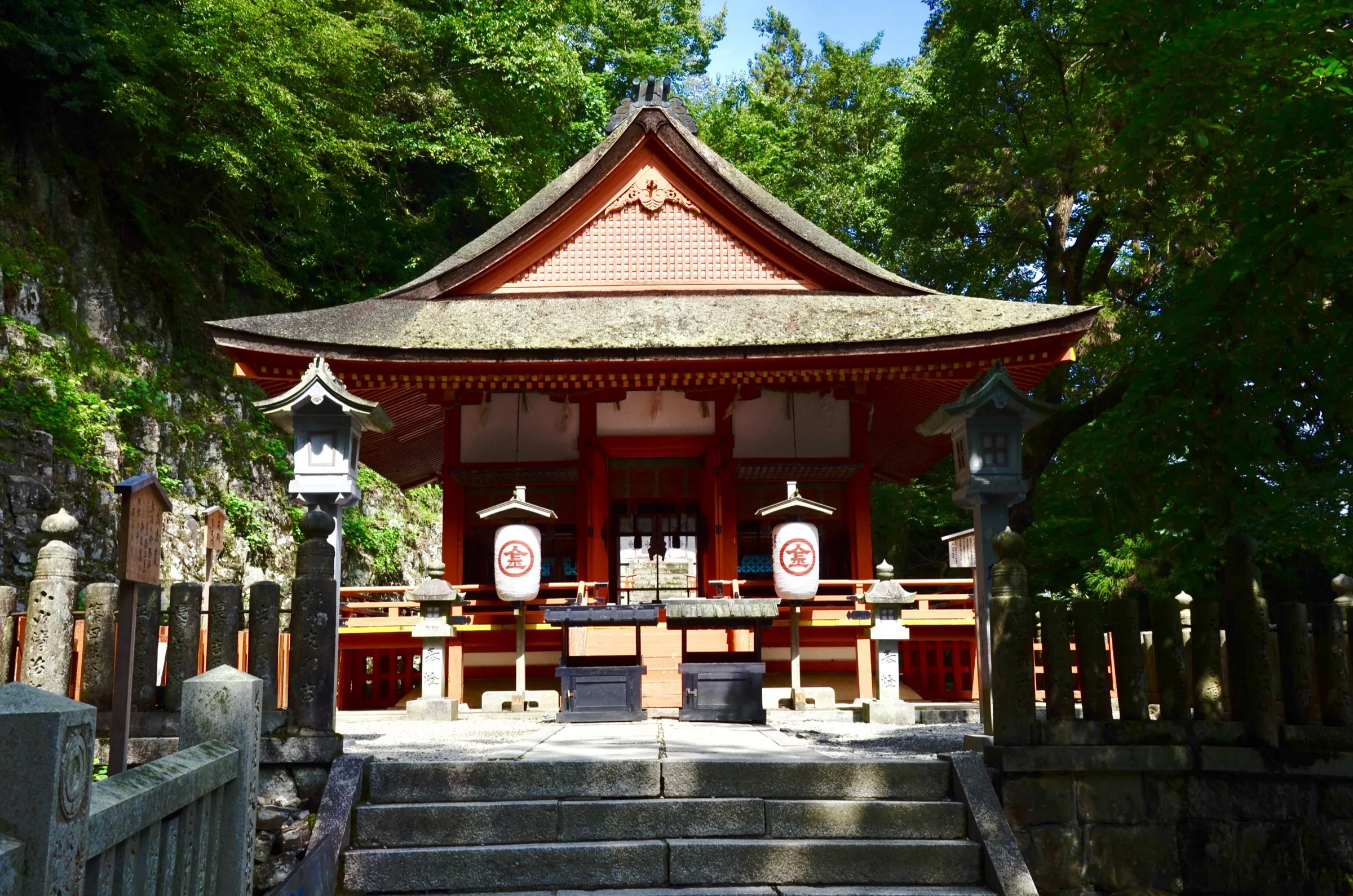 Vermillion Okusha innermost shrine of Kotohira-gu reached after 1,368 stone steps surrounded by forest