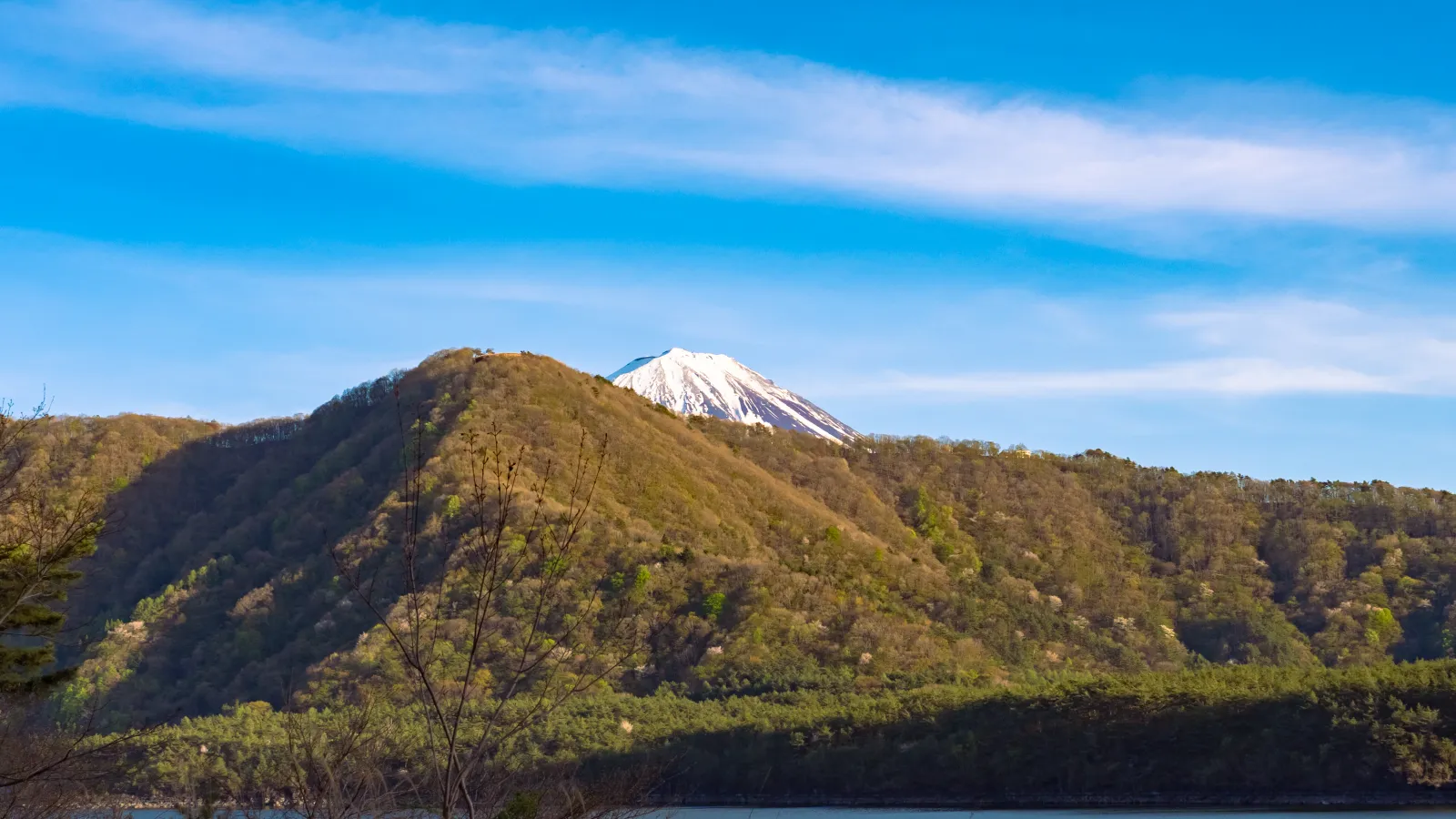 Mt Fuji partially hidden behind forested ridge at Lake Saiko