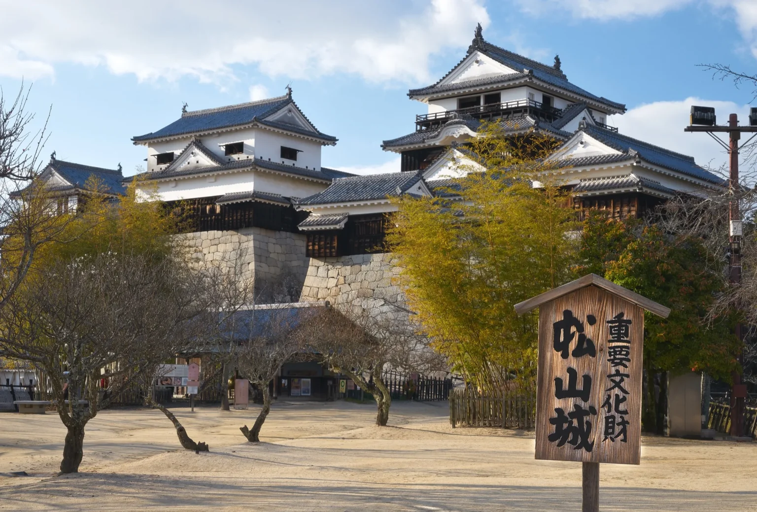 Matsuyama Castle's original keep on Mt Katsuyama with autumn maples in the foreground