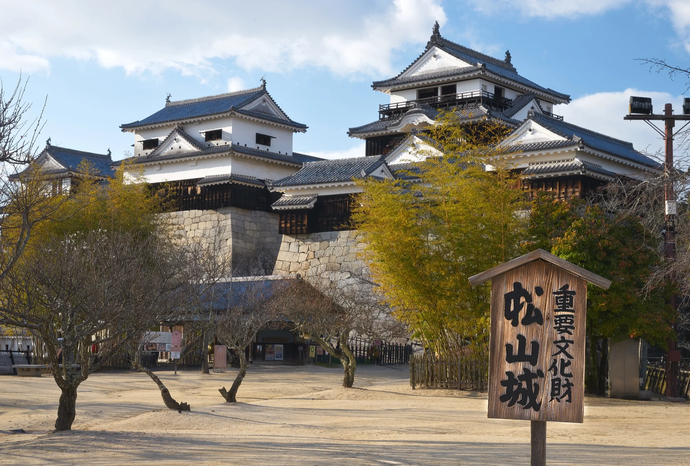 Matsuyama Castle original wooden keep on Mt Katsuyama with autumn-colored maple trees in foreground