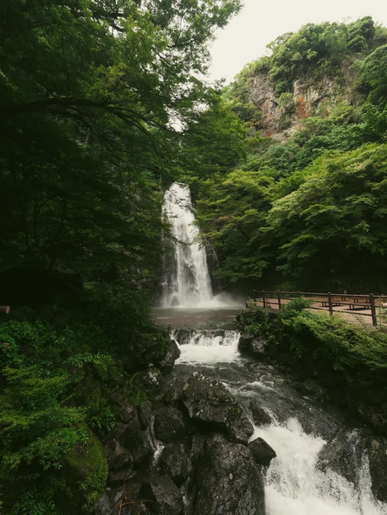 Minoo Falls 33-meter cascade with red wooden bridge in the foreground, summer green forest