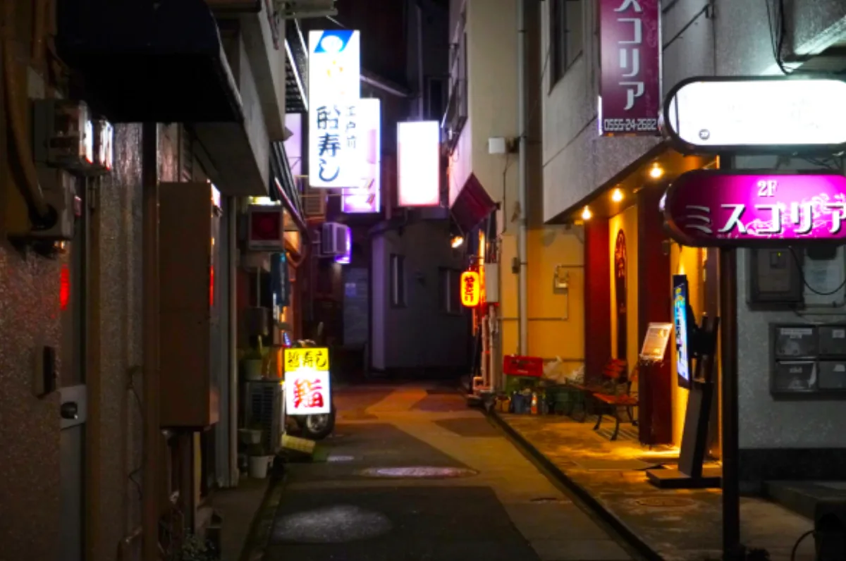Nishiura Fujiyoshida retro bar district neon signs at night