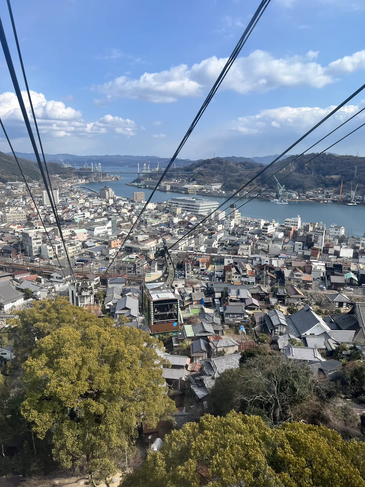View of the Onomichi Channel from the upper ropeway station with the Shin-Onomichi Bridge and Innoshima island in the distance