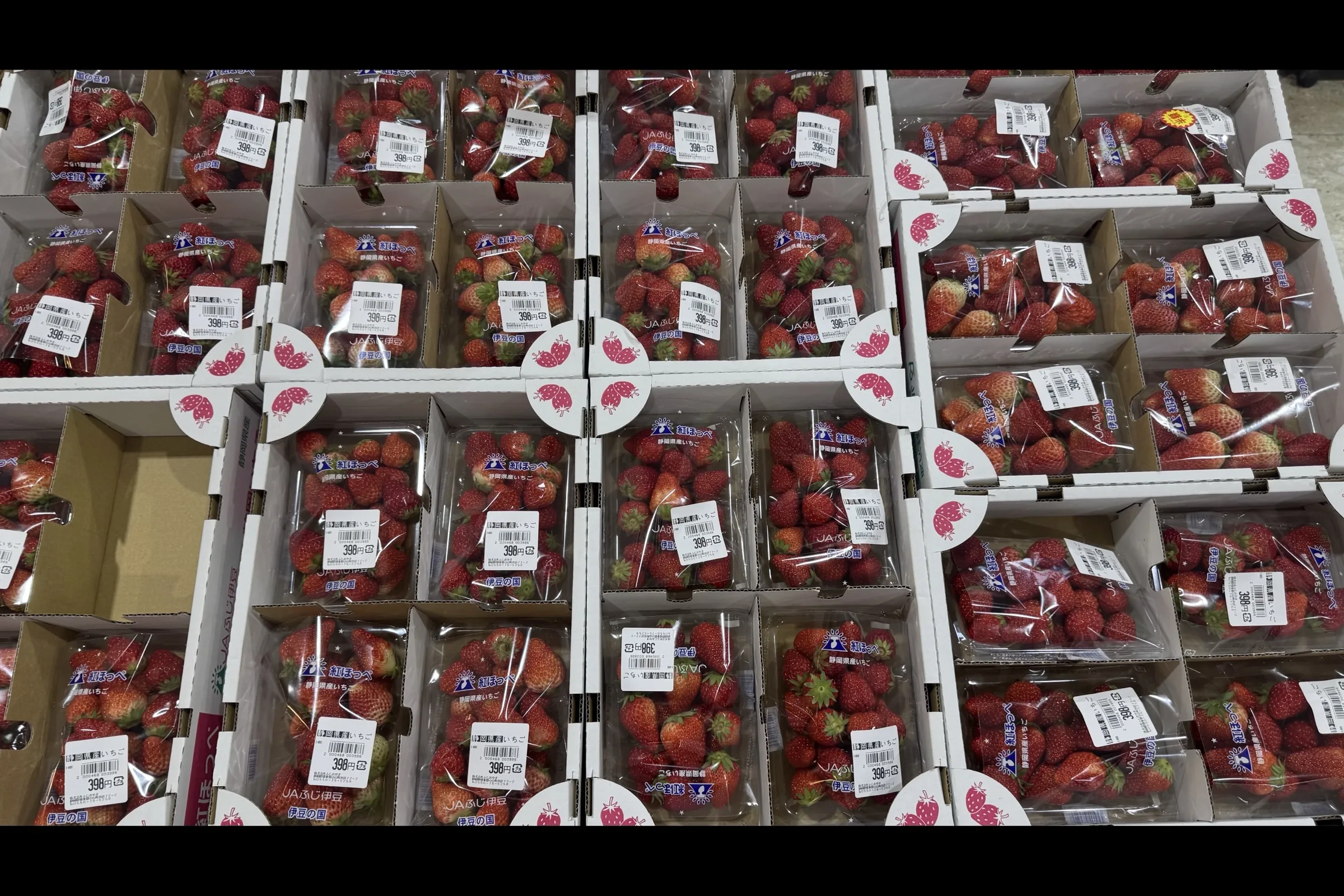 Boxes of fresh Shizuoka strawberries priced at 380 yen at the Michi-no-Eki Fujioyama produce market