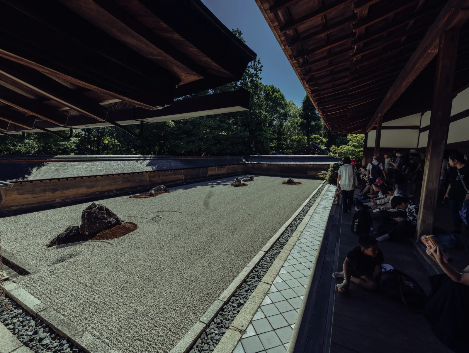 Ryoanji rock garden with visitors seated on the wooden veranda