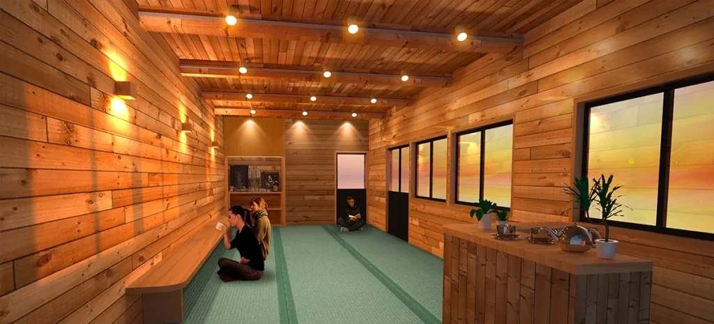 Warm wood-paneled common room in Mt. Fuji mountain hut with sunset through windows