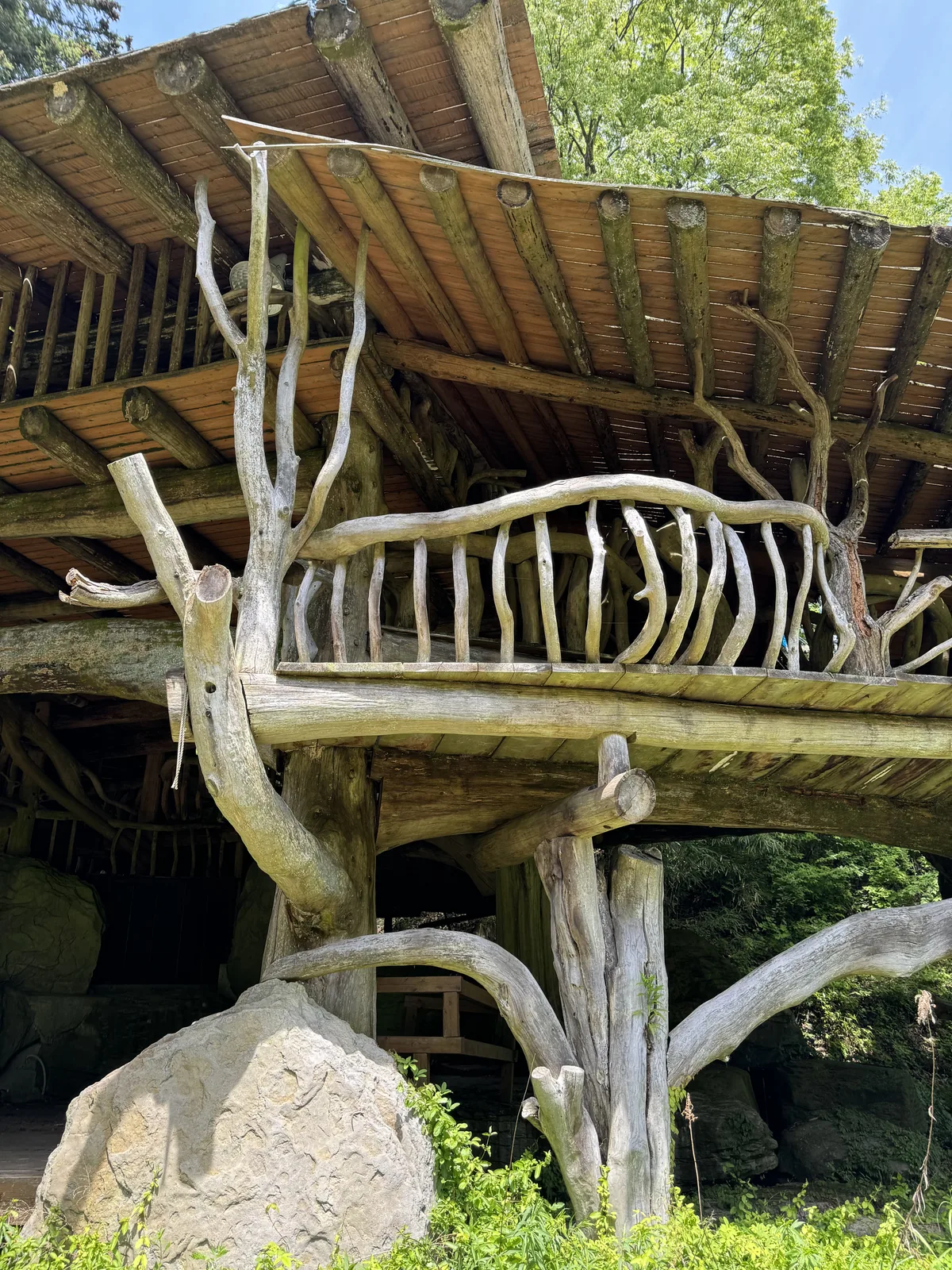 The skeletal upper-level balcony rail made from naturally curved tree branches kept in their organic shape