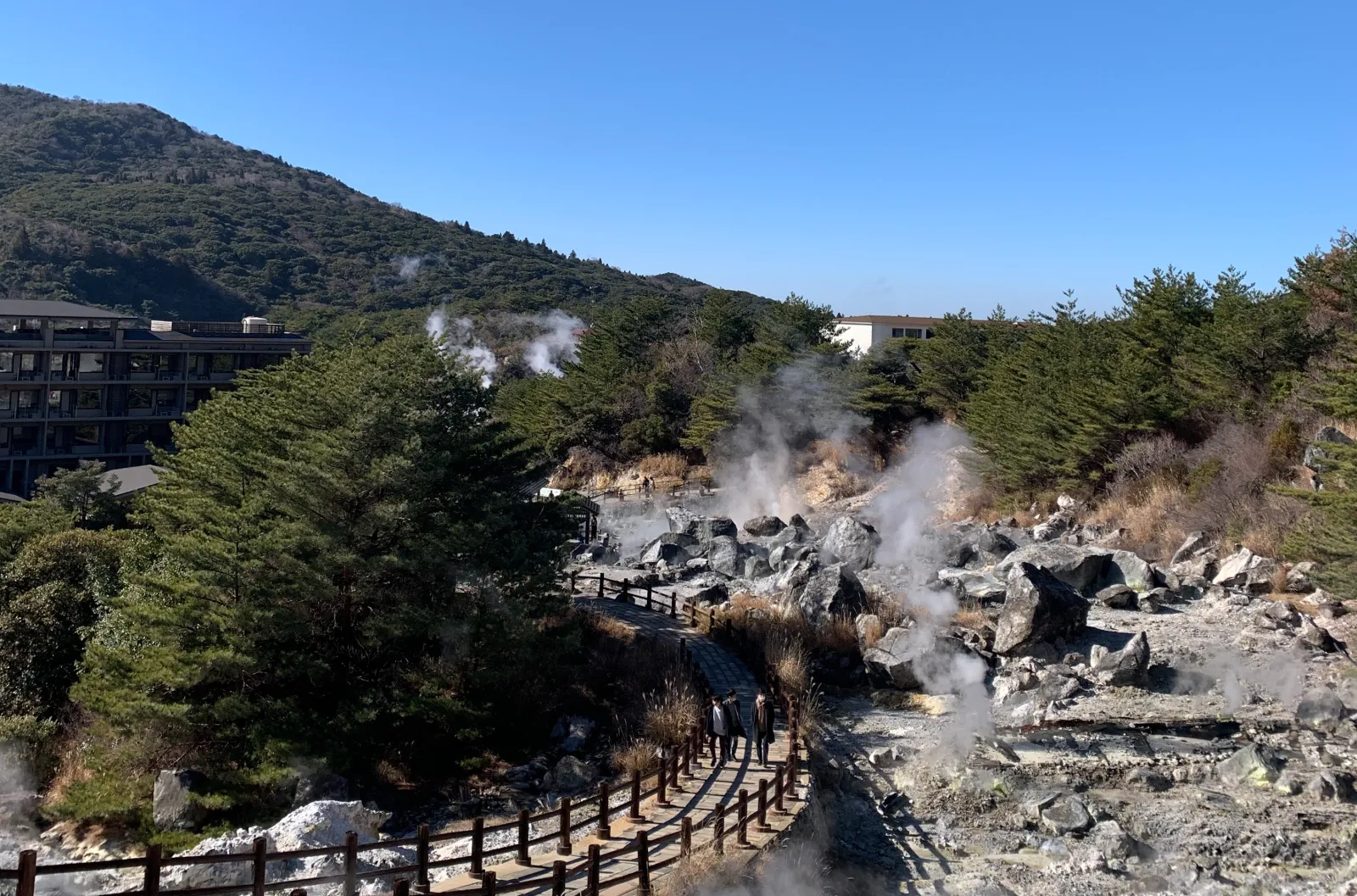 Overview of Unzen Jigoku walkway with visitors and ryokan
