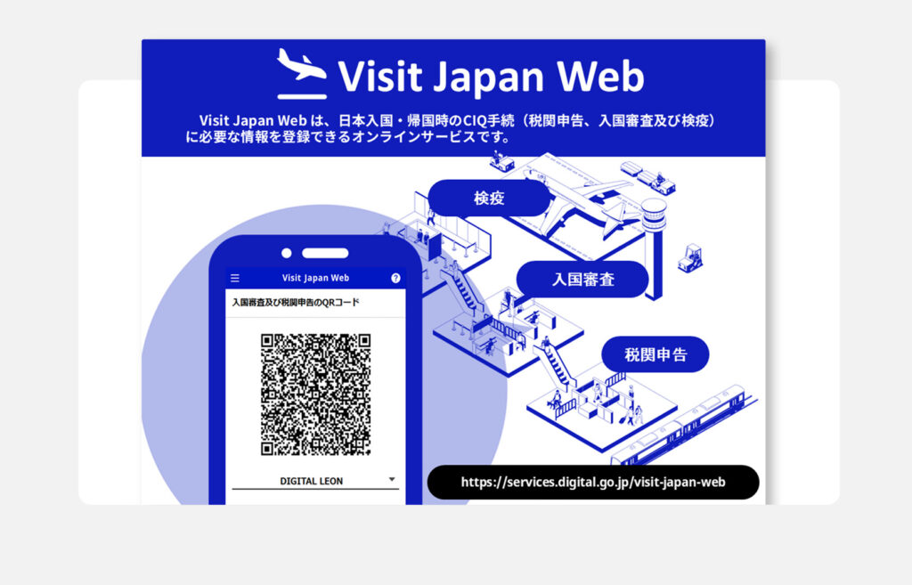 Visit Japan Web Japanese service overview infographic showing QR code on phone and airport CIQ flow for immigration, customs, and quarantine