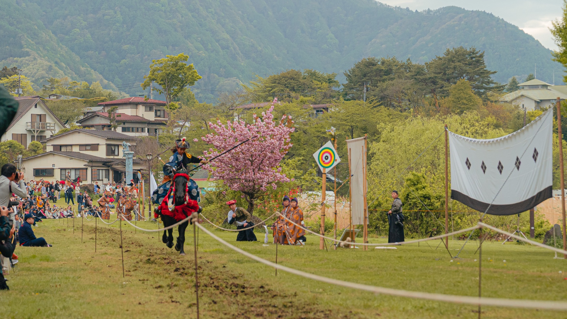 Yabusame archer at full draw with target visible