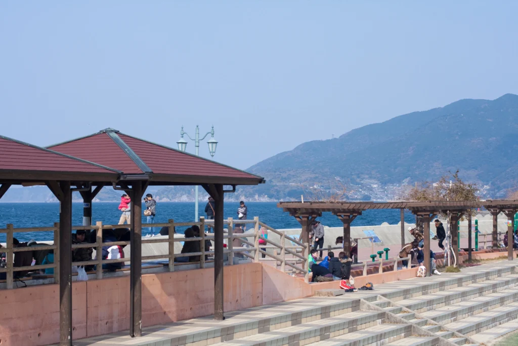 obama-hot-foot-105-pergola-seafront.jpg — Hot Foot 105 long foot bath with vine pergola along seafront