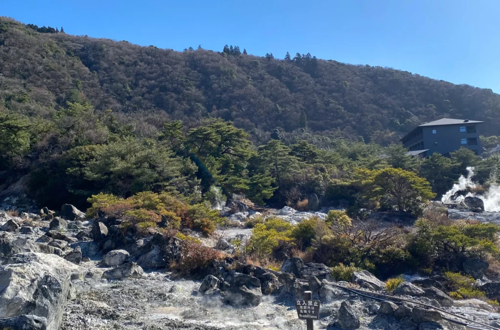 unzen-jigoku-steam-trees-hillside.jpg — Steam rising amid trees at Unzen with hotel on hillside