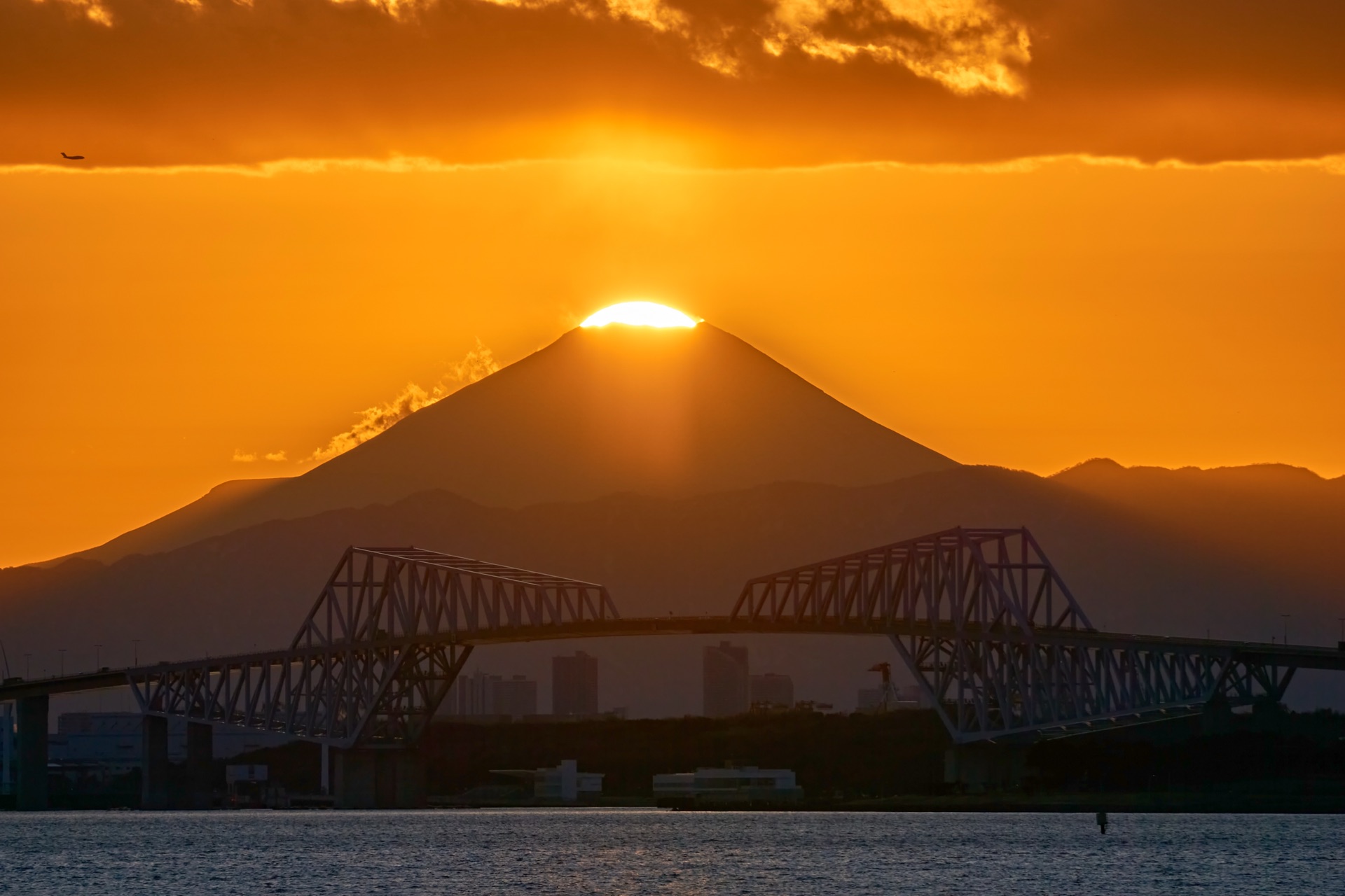 Diamond Fuji over Tokyo Gate Bridge from Maihama waterfront
