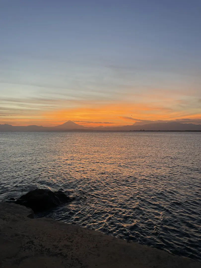 Vertical sunset shot from the Enoshima Island Spa cliff with a single dark rock formation in the foreground and a bright orange band of light on the horizon over Sagami Bay