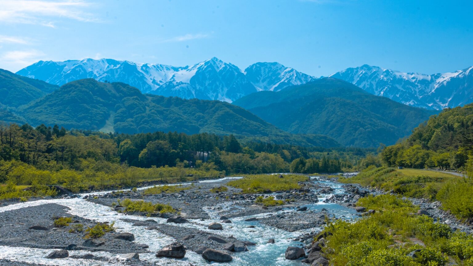 Hakuba Ohashi bridge view: Matsugawa river with Hakuba Sanzan peaks behind