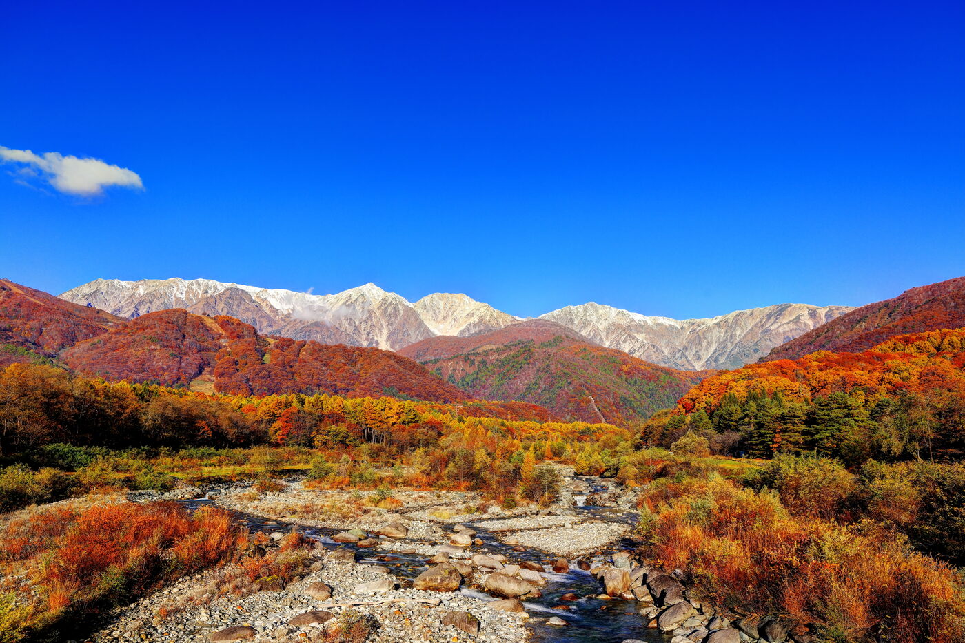 Hakuba autumn: orange and red foliage against partially snow-capped Northern Alps with a clear mountain stream