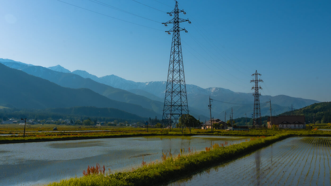 Hakuba rice fields and power lines silhouetted against mountains in evening light