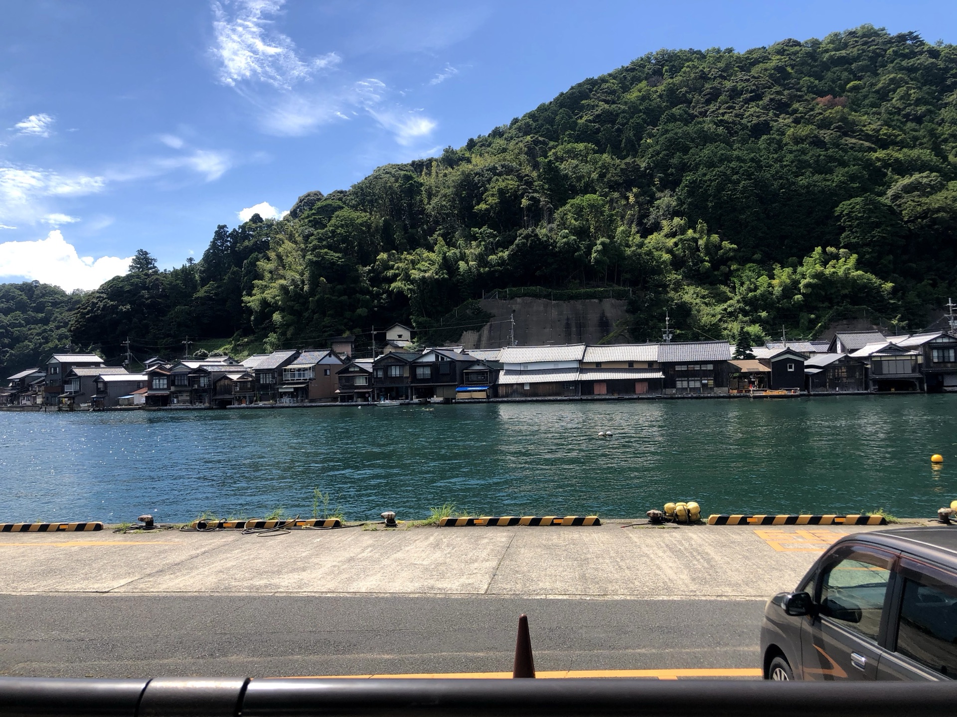 View of Ine Bay from the roadside parking area, with the row of funaya across the water